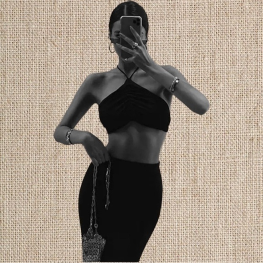 Two piece BLACK set midi skirt crop top - Picture 2 of 9